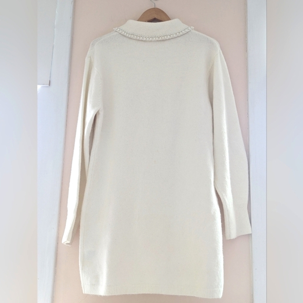 H&M Off White Knit Sweater Dress Pearl Bead Peter Pan Collar Large - Picture 3 of 16